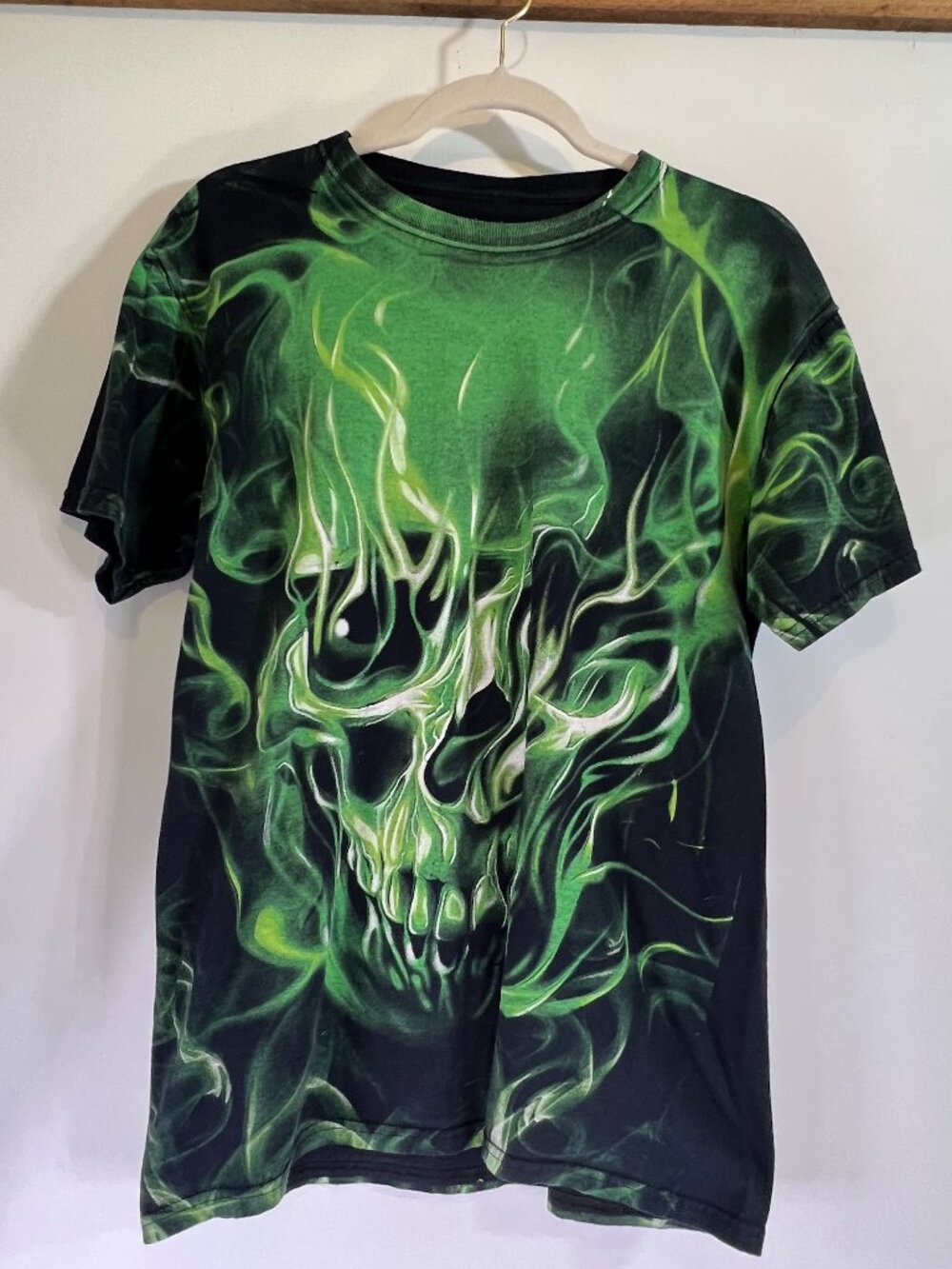 Vintage Green Skull Skeleton Graphic T-Shirt Men’s Medium Black Biker Halloween